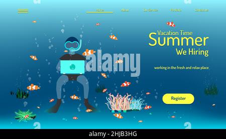 Landing Page Website Vorlage. Sommerurlaub Zeit. Wir mieten Arbeit in der frischen und entspannen Ort. nemo Fisch spielen mit Luftball. Wunderschönes Design Stock Vektor