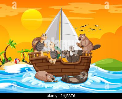 Ozeanszene mit wilden Tieren auf einer Segelbootabbildung Stock Vektor