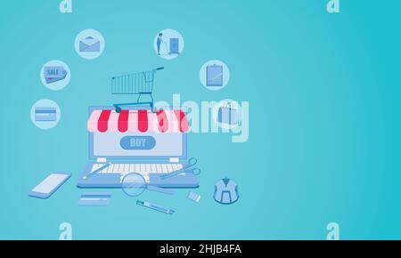 Laptop Business-Marketing-Konzept. Verkauf Shopping Online-Vektor-Illustration EPS10 Stock Vektor