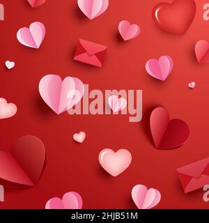 Fröhlicher Valentinstag mit Papierherzen und Kopierplatz auf rotem Hintergrund. Stock Vektor