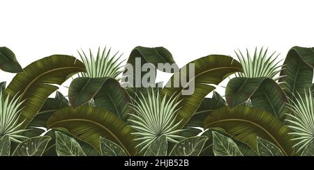 Exotisches tropisches Muster, nahtlose Bordüre. Tapete mit tropischen Blättern. Grüne Palmblätter, Banane, Dschungel Hintergrund. Abbildung der manuellen Zeichnung. Design Stockfoto