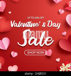 Valentinstag Verkauf Banner-Vorlage mit Herz und Text auf rotem Hintergrund. Stock Vektor