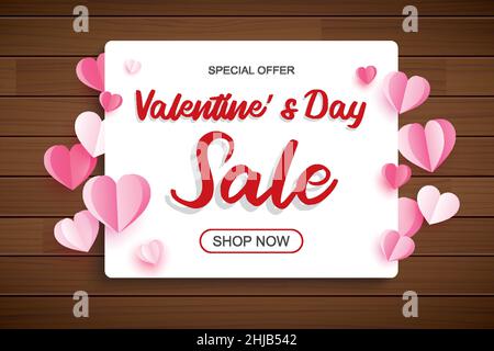 Valentinstag Verkauf Banner-Vorlage mit Herz und Text auf Holz Hintergrund Stock Vektor