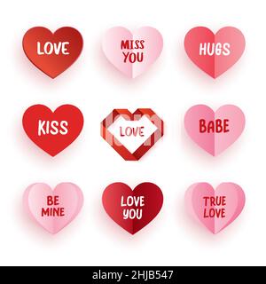 Set von Gesprächsherzen für den valentinstag. Herzen und Text auf weißem Hintergrund. Stock Vektor