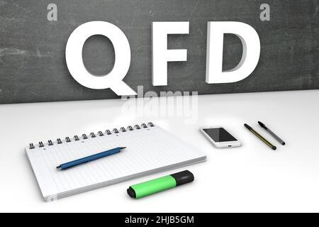 QFD - Quality Function Deployment - Textkonzept mit Tafel, Notizbuch, Stiften und Mobiltelefon. 3D Darstellung rendern. Stockfoto