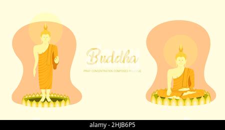 Mönch phra buddha sitzend und stehend auf Lotusbasis für Gebetskonzentration komponierte Freigabe. Hintergrund in Pastellfarben. vektor-Illustration EPS10 Stock Vektor