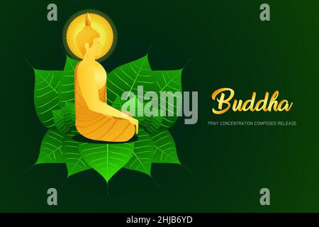 Mönch phra buddha Seitenansicht sitzend auf Pho Blatt für beten Konzentration komponiert Freigabe Religion Kultur Glaube Vektor Illustration EPS10 Stock Vektor