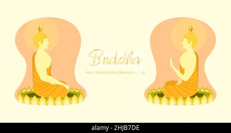 Mönch phra buddha links rechts Seitenansicht auf Lotusbasis sitzend für Gebetskonzentration komponierte Freigabe. Hintergrund in Pastellfarben. vektor-Illustration eps1 Stock Vektor