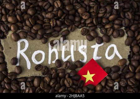 Robusta-Kaffee mit einer Mini-Flagge des Landes Vietnam. Das Konzept von Patriotismus und Stolz. Hochwertige Fotos Stockfoto