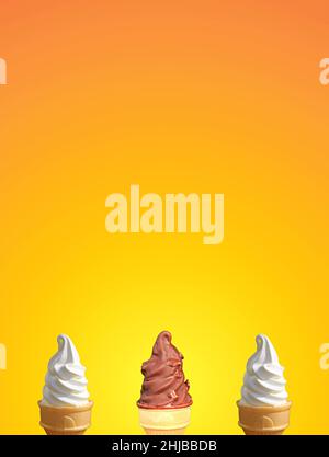 Drei verschiedene Arten von Soft Serve Ice Cream Cones auf gradient Orange Hintergrund Stockfoto