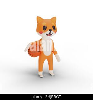 3D Rendering von Charakter Corgi Basketball spielen Stockfoto