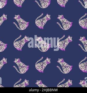 Cartoon Tiger Nahtloses Muster mit einfachem lila Raubtier Tiger Print. Marineblauer Hintergrund. Doodle-Grafik. Abbildung des Bestandes. Vektor-Design für te Stock Vektor