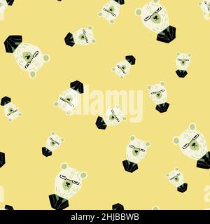 Nahtloses Zufallsmuster mit weißen Bärenköpfen in Smoking-Outfits. Hellgelber Hintergrund. Kindlicher Hintergrund. Flacher Vektordruck für Textil, Stoff, gi Stock Vektor