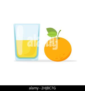 Ein Glas frischen Saft und eine Orange. Vektorgrafik im flachen Stil Stock Vektor