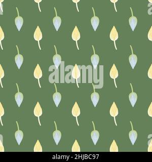 Kreatives nahtloses Muster mit hellorangen und blauen Lotus-Knospen-Formen. Grüner Hintergrund. Abbildung des Bestandes. Vektor-Design für Textil, Stoff Stock Vektor