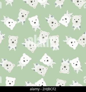 Pastelltöne, nahtloses Doodle-Muster mit weißem Eisbären-Random-Druck. Hellgrüner Hintergrund. Vektorgrafik für saisonale Textildrucke, fabr Stock Vektor