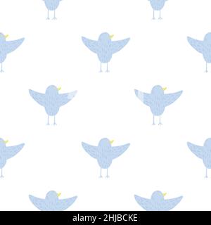 Isoliertes nahtloses Muster mit blauen fliegenden Vögeln Silhouetten. Weißer Hintergrund. Einfaches Design. Vektorgrafik für saisonale Textildrucke, Stoff Stock Vektor