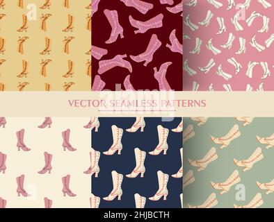 Set von Stiefeln Ornament nahtlose Muster. Schuhe Hintergrundkollektion. Dekorativer Hintergrund. Modekunst. Vektorgrafik für saisonalen Text Stock Vektor