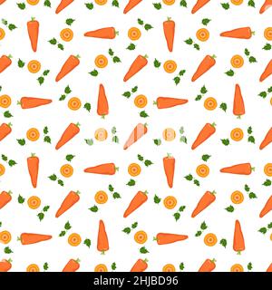 Nahtloses Muster mit oranger Karotte. Gesunde Lebensmittel drucken, Gemüse, in Kreise geschnitten, Scheiben, Teile und Sticks und Petersilienblätter auf weißem Hintergrund. Vektorgrafik flach Stock Vektor