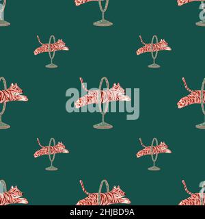 Rosa handgezeichnete Tiger nahtloses Zirkusmuster im Kinderstil. Dunkeltürkisfarbener Hintergrund. Kreativer Druck. Vektor-Illustration für saisonalen Textilprin Stock Vektor