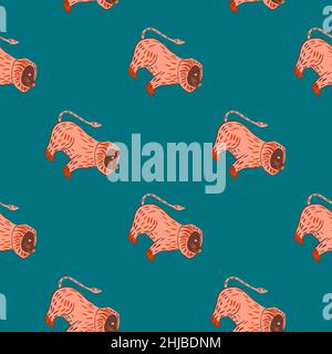 Cartoon childish seamless pattern with funny pink lions ornament. Turquoise background. Simple design. Graphic design for wrapping paper and fabric te Stock Vektor