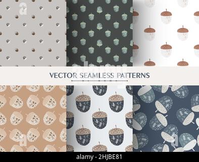 Set aus nahtlosem Waldmuster mit Doodle-Eichel. Herbst Wald Hintergrund Kollektion. Skandinavischer Stil. Abbildung des Bestandes. Vektor-Design für texti Stock Vektor