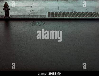 Der Abschnitt der leeren Straße und der gepflasterte Bürgersteig mit dem Entlüftungsgitter und dem Hydranten - 3D rendern Stockfoto