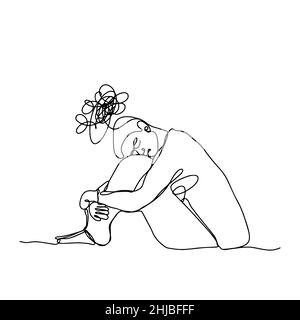 Linienhochformat. Eine Linie sitzenden Mann Silhouette. Bewusstsein Für Psychische Gesundheit. Illustration eines Mannes in Depressionen. Illustration der Psychologie. Stockfoto