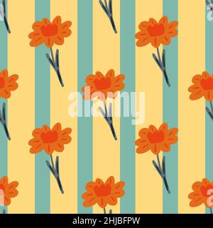 Doodle orange Blumen Silhouetten nahtlose Frühling Zeit Muster. Heller Druck. Blau und orange gestreifter Hintergrund. Grafikdesign für Geschenkpapier und Stock Vektor