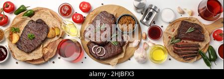 Konzept von leckerem Essen mit Rindersteaks, Blick von oben Stockfoto