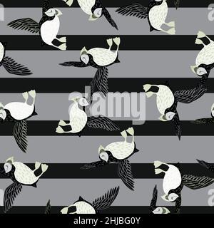 Zufällige Doodle nahtloses Muster mit zufälligem Papageientaucher-Vogel-Ornament. Grau und schwarz gestreifter Hintergrund. Flacher Vektordruck für Textil, Stoff, Geschenkdrap, w Stock Vektor