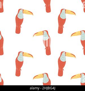 Isoliertes nahtloses Muster mit handgezeichneten pastellroten und gelben Tukan-Vögeln Ornament. Weißer Hintergrund. Flacher Vektordruck für Textil, Stoff Stock Vektor