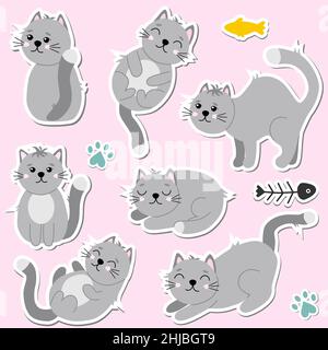 Cartoon Katzen Set. Lustige Katzen Aufkleber in verschiedenen Posen Stock Vektor