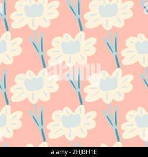 Vintage flache florale nahtlose Muster mit Doodle einfache weiße Blume Silhouetten. Hellrosa Hintergrund. Grafikdesign für Geschenkpapier und Stoff Stock Vektor