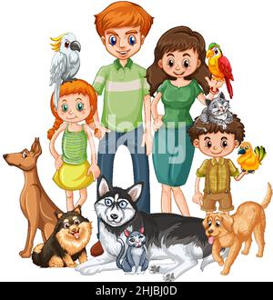 Große Familienmitglieder mit vielen Hunden Illustration Stock Vektor