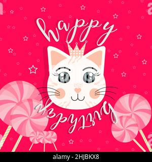 Happy Birthday Vektor-Illustration auf rotem Hintergrund mit niedlichen Katzengesicht und rosa Süßigkeiten. Stock Vektor
