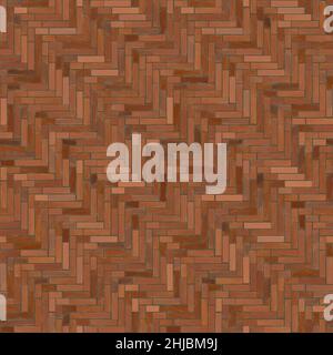 Ziegelwand mit Steinen in verschiedenen Rot- und Orange-Tönen in einem Fischgrätmuster Stockfoto