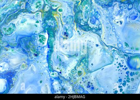 Blaues Acryl flüssige Kunst, natürliche Tintenblasen Malerei auf Leinwand, Wellendarstellung, abstrakt, Textur oder Hintergrund Stockfoto