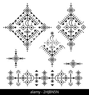 Geometrisches Tribal Line Art Vektor Design im isländischen Stil mit Monden - quadratische und lange Graphikkollektion, ornamentale Musterkollektion inspiriert Stock Vektor