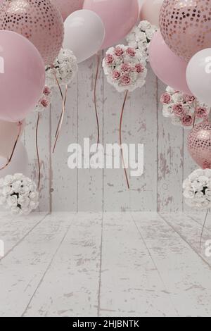 3D Rendering von dekorativem Hintergrund mit alten weißen Planken und steigenden Ballons. Selektiver Fokus Stockfoto