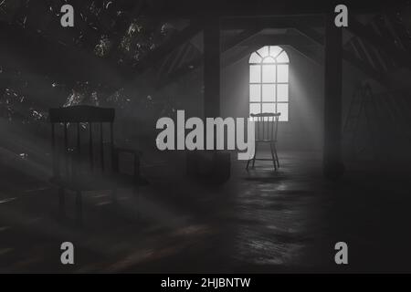 3D-Rendering von dunkler leeren Dachboden mit Lichtstrahlen, die durch die Löcher im Dach Stockfoto