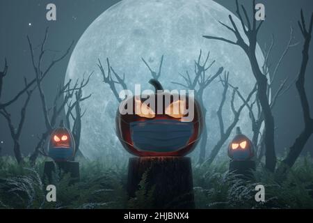 3D Rendering von glänzenden halloween Jack o' Lantern Kürbissen bedeckt mit einer Gesichtsmaske vor großem Mond und toten Bäumen Stockfoto