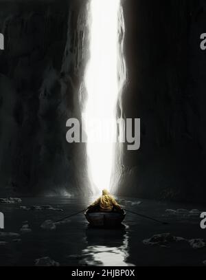 Einsamer Ruderer vor einem großen Eisberg mit hellen Spalten Stockfoto