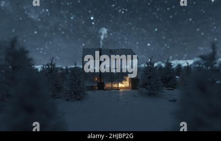 3D Rendering der gemütlichen Hütte mit Glaspaneelen im Wald bei Nacht Stockfoto