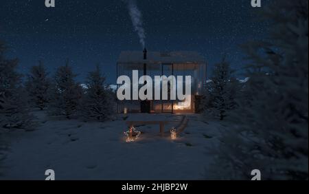 3D Rendering der gemütlichen Hütte mit Glaspaneelen im Wald bei Nacht Stockfoto