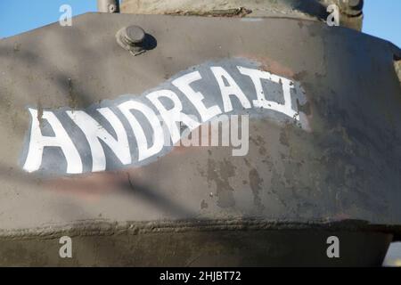 Französische Militärmarkierungen auf einem Chaffee American Light Tank aus dem Jahr M24. Bovington Tank Museum, Dorset, Großbritannien Stockfoto