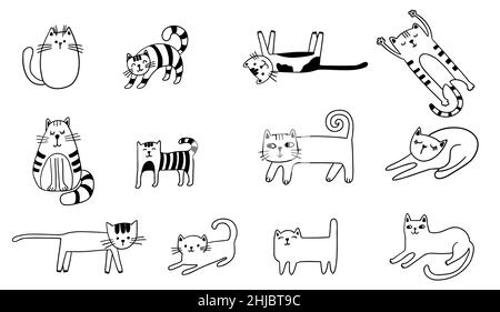 Hübsches Katzenset. Lustige Kätzchen lineare Skizzen. Vektor Katzen Illustration für Print, Aufkleber, Druck auf T-Shirts Stock Vektor