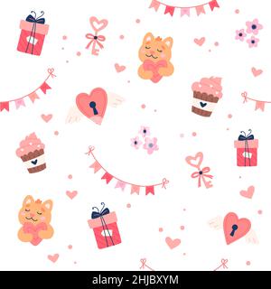 Valentinstag-Muster mit niedlichen Herzen, Katzen und Girlanden. Handgezeichnete Vektorgrafik Stock Vektor