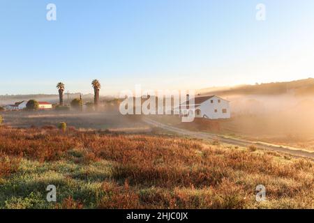 Blick auf die typische Alentejo-Landschaft mit portugiesischem Dorf im Morgennebel und aufgehender Sonne auf dem Wanderweg Rota Vicentina in der Nähe von Carrascalinhino, Aljezur Stockfoto