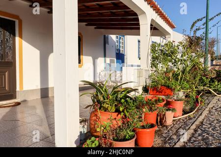 Traditionelles portugiesisches Haus in einem kleinen Dorf an der Rota Vicentina - Wohnhaus im Frühjahr, Alentejo Portugal Europe Stockfoto